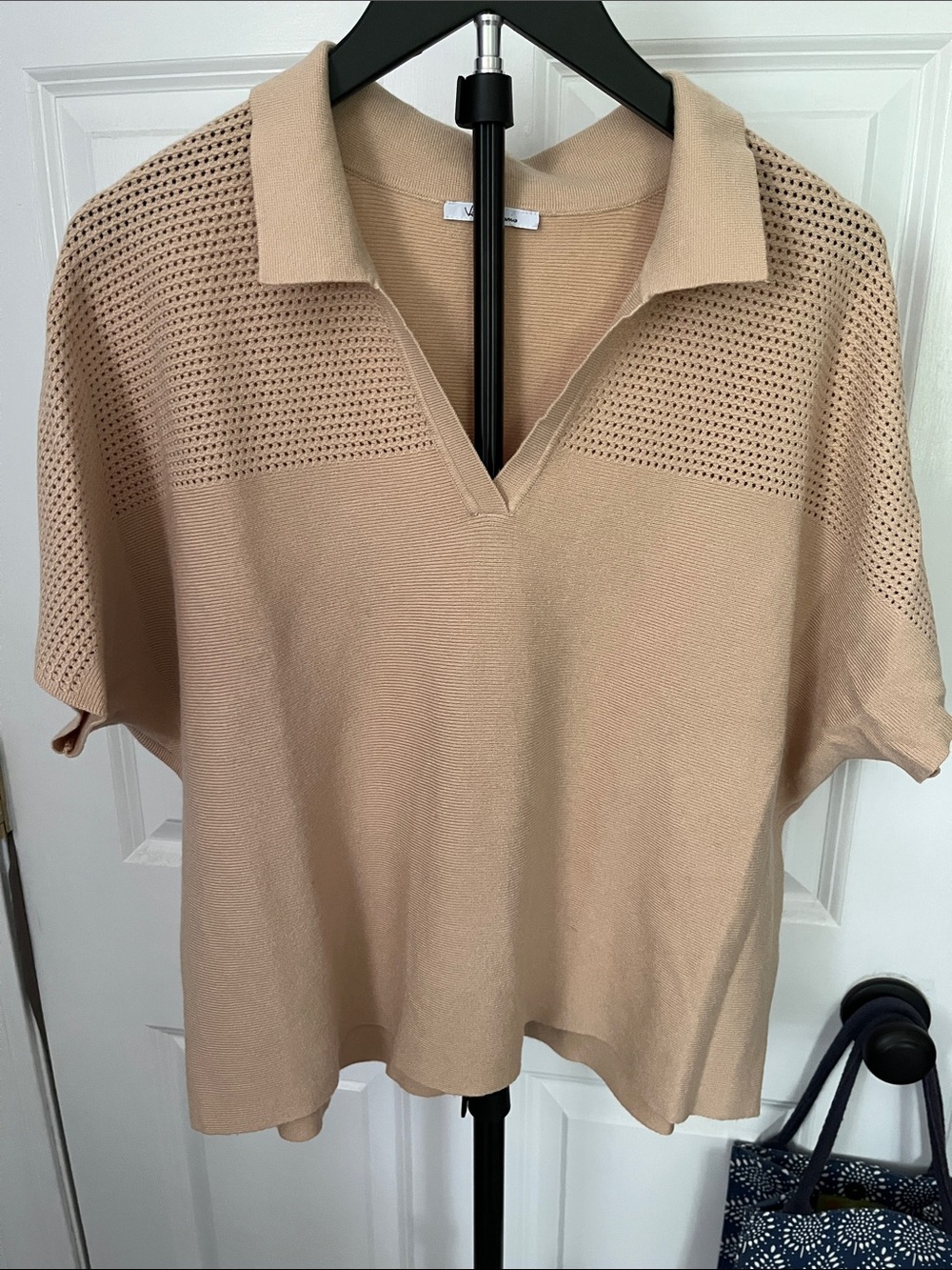 Open-Weave Polo Tee in Beige - Short Sleeve
